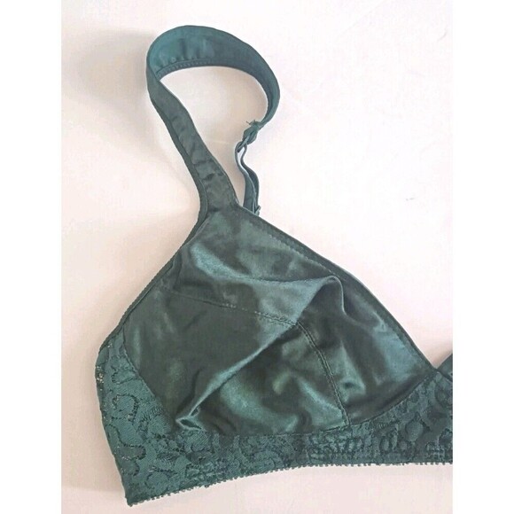 Von Raalte Bralette Bra Size 36B Unlined Satin Lace Dark Green Plunge Vintage - Picture 5 of 6